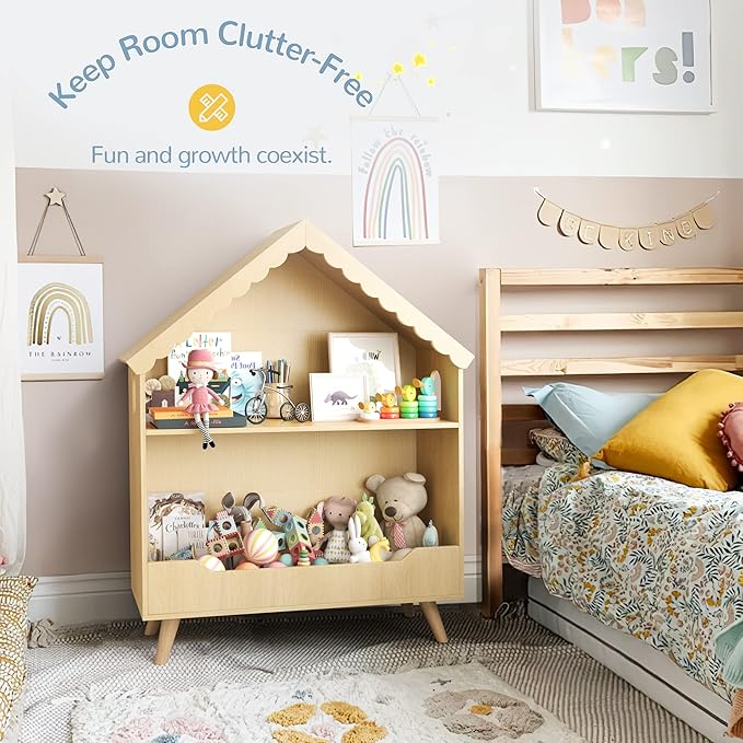 Curipeer Kids Dollhouse Bookshelf, Wooden Bookcase Storage with Motion-Activated Light, 2-Tier Open Display Organizer for Toys and Books, Baby Bookshelf for Birthday, Christmas, Natural Wood Color