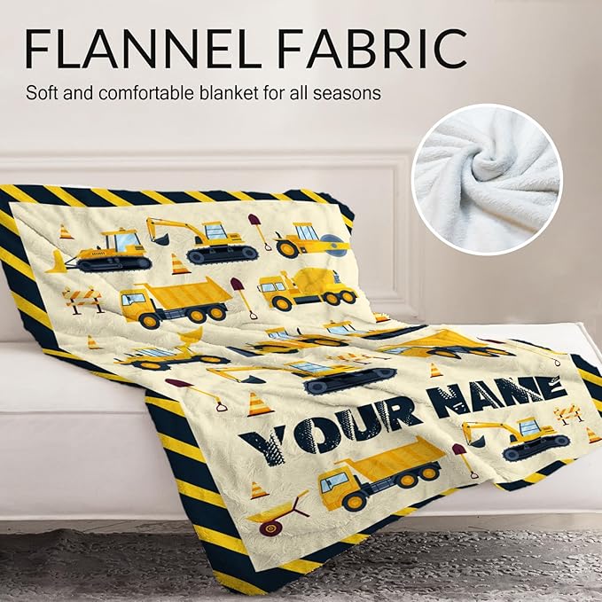 Custom Construction Blanket for Boys Girls - 40" x 50" Inches Construction Throw Blanket Gift for Kids - Flannel Warm Soft Throw for Crib, Couch, Sofa