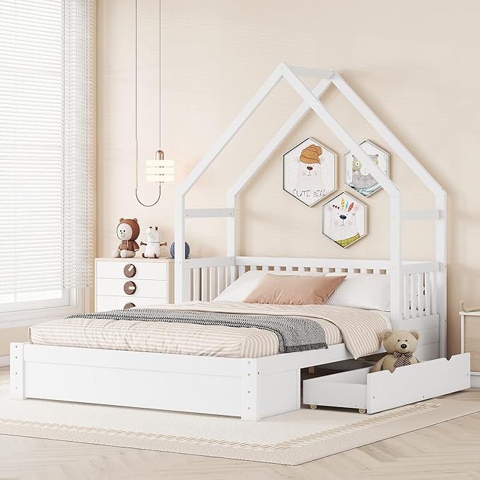 Bellemave Queen Size Wood House Platform Bed with 2 Drawer for Toddlers and Baby, Modern Montessori Platform Bed Frame, No Box Spring Required, Low Floor Bed for Kids' Room or Baby Room (White)