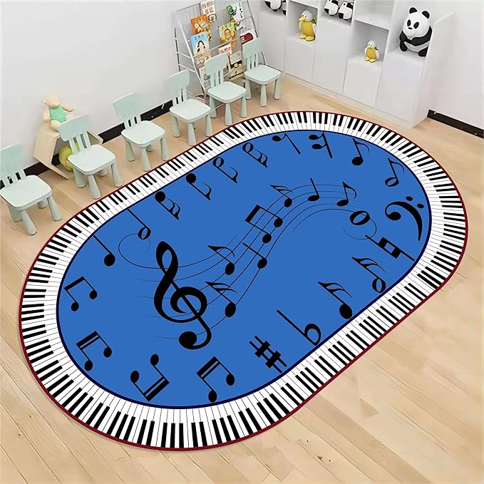 Kids Piano Music Area Rug, 4x6ft, Black and White Keys Musical Notes Design Rug, Music Classroom Decorative Floor Mats, Non-Slip Washable Indoor Carpet for Children's Bedroom Playroom Nursery