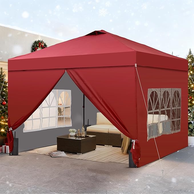 GDY 12x12 Pop Up Canopy Tent with 4 Sidewalls, Easy Set up with One Push Lift Outdoor Silver Coated Beach Gazebos, Carpas for Pool, Events, Parties, and Camping, Red.