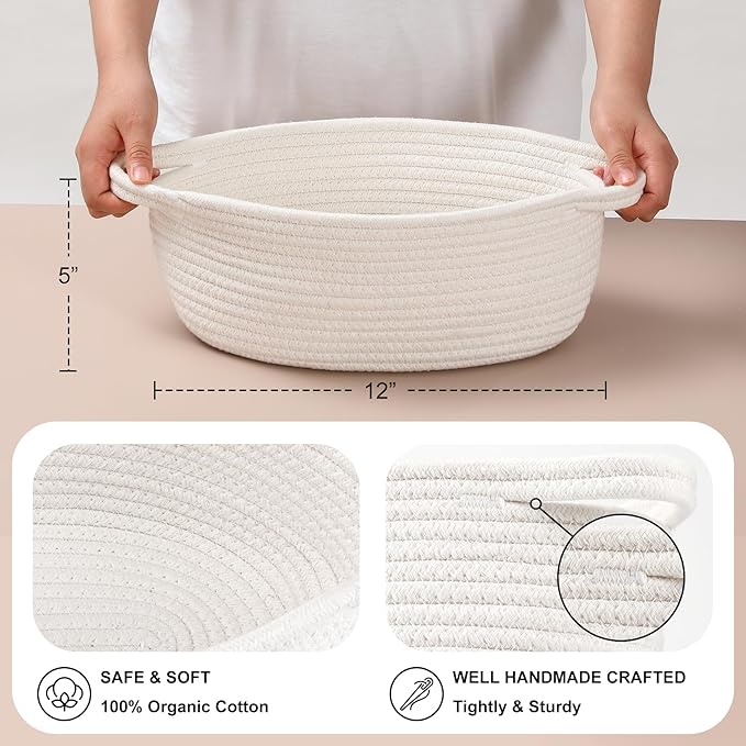 4 Pack Small Woven Basket with Handles, All 12"x 8"x 5", Cotton Rope Room Shelf Storage Basket, Cat Toys, Cute Baby Gift Basket with Gift Bags and Ribbons for Nursery, Empty Decorative Gift Chest Box