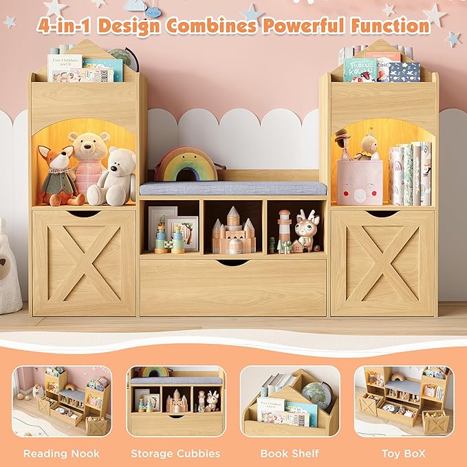 Vabches 54.3’’ Kids Bookshelf with Reading Nook, Toy Storage Organizer with Seat Cushion, LED Lights and 3 Movable Drawers, Castle-Shaped Bookcase with Bench for Playroom, Nursery, Bedroom (Natural)