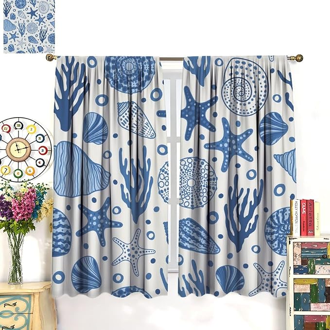 Coastal Nautical Curtains,Coral Starfish Seashell Beach Sea Starfish Seashell Theme Pattern Blackout Print Bedroom Living Room Window Treatmen 3 Panel Set 55x63 Inch
