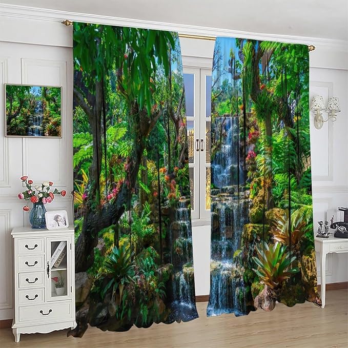 Waterfall Blackout Window Curtains, Spring Forest Nature Landscape Theme Pattern Print Window Drapes, for Living Room Bedroom 63x63in 2 Panels