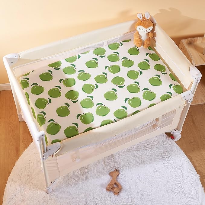 TILLYOU Mini Crib Sheets Fitted 2 Pack, Pack and Play Sheets for Toddler Mattress, Soft and Breathable 38”x 24” Pack n Play Mattresses Cover, Green Apple & Fruit Green