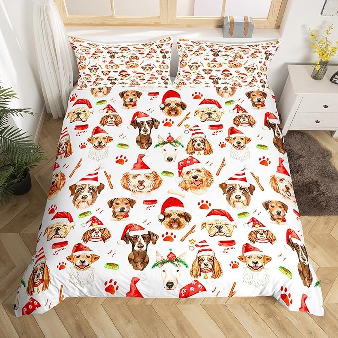 Christmas Kids Bedding Set Cartoon Puppy Dogs Xmas Theme Bedding Duvet Cover Set for Boys Girls New Year Decor Comforter Cover Set Animal Pattern Bedspread Cover Bedroom Quilt Cover 3Pcs Queen Size
