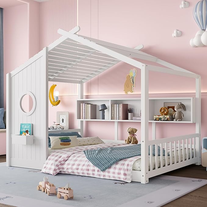 Merax Wood Cute House Bed with Storage Shelves, Full Size Floor Platform Bed Frame with Headboard & Roof Design, No Box Spring Needed, White