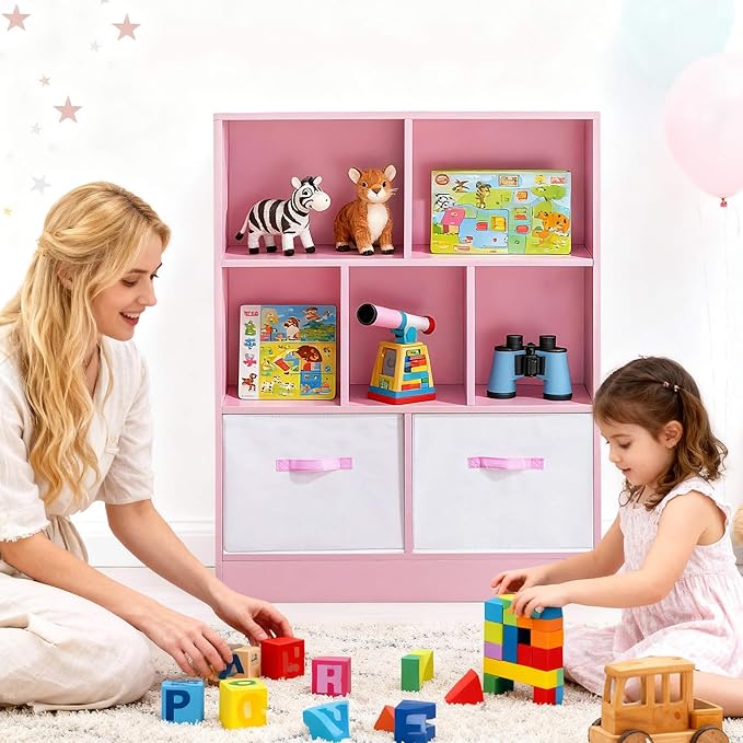 ivinta Toy Storage Organizer for Kids, 7-Cube Wooden Storage Cabinet with Collapsible Fabric Drawers for Children, 3-Tier Bookshelf for Playroom Nursery Bedroom Living Room (Pink)