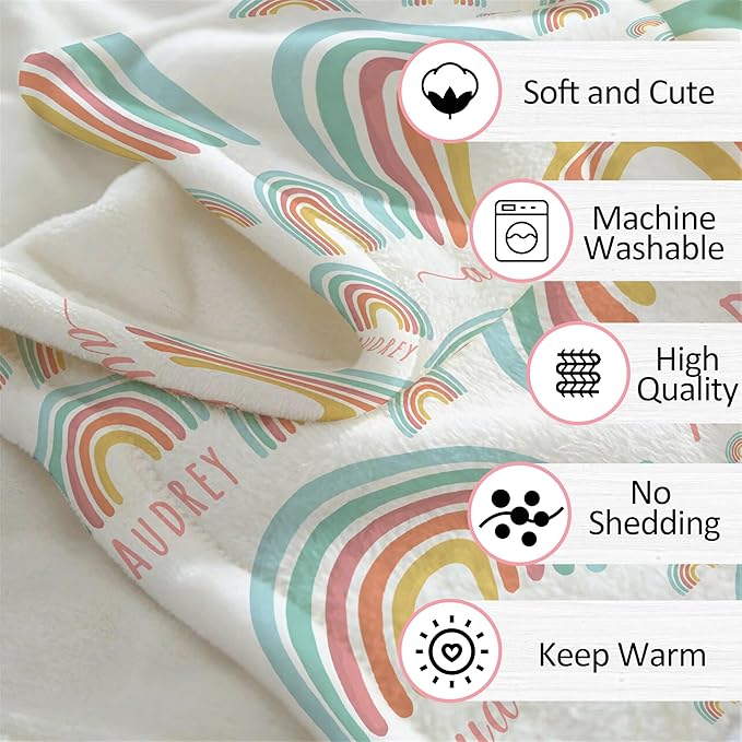 Ship Next Day, Customized Baby Blanket for Girls, Personalized Baby Girl Blanket with Name, Rainbow Decor Newborn Receiving Blankets for Girls Swaddle, Custom Babies Shower Birthday