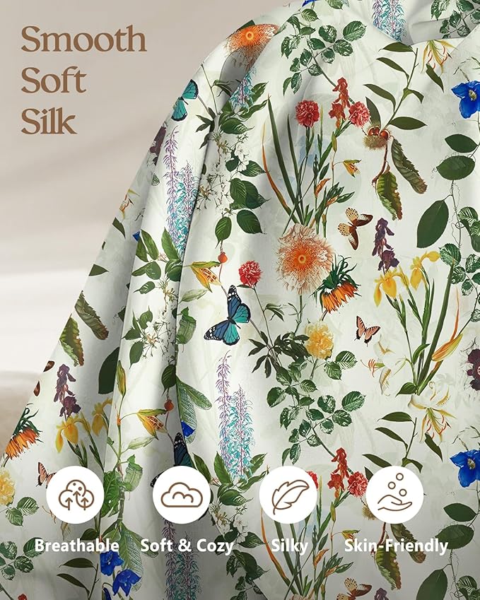 Silk Pillowcase 2 Pack - Pillow Cases 20" x 36" King Size Set of 2 for Hair and Skin Smooth Soft Breathable with Hidden Zipper Cooling Pillow Covers for Sleeping, Butterfly Plant