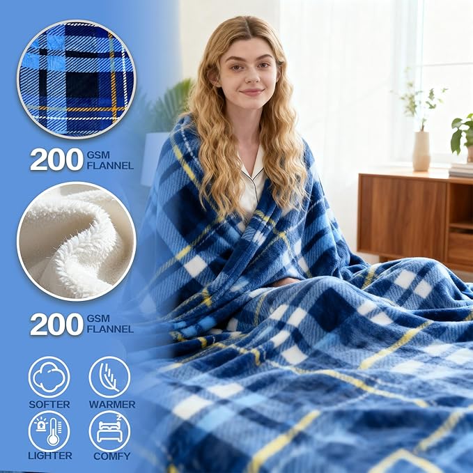 Electric Blanket Heated Queen, Soft Flannel 90"x84" Plaid Heating Blanket with 8 Hours Auto Off 10 Fast Heating Levels Machine Washable Sherpa Heated Blanket with Overheating Protection