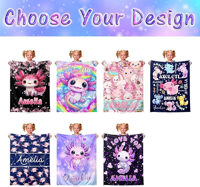Ship Next Day, Custom Baby Blanket with Name for Girls Boys, Cute Axolotl Flannel Blankets- Printed in USA, Personalized Name Blankets for Kids Teens, Christmas Birthday Blanket Gifts for Daughter Son
