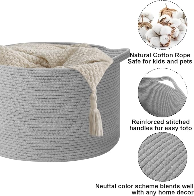 Large Blanket Basket for Organizing,65L Closet Organizers and Storage Bins Box for Shelves Woven Rope Storage Baskets,Living Room,Bedroom,Dorm,Laundry room (Light Grey)