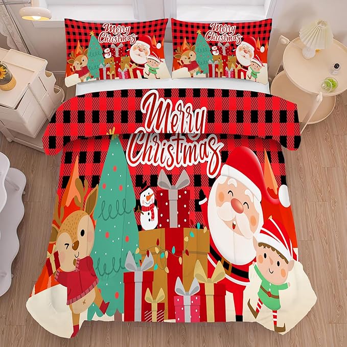 Christmas Comforter Set King Size Plaid Bedding Sets for Kids Boys Girls Bedroom Xmas Gift Christmas Festival Winter Quilt Set,1 Comforter + 2 Pillow Cases