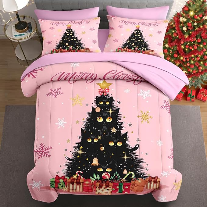 7 Pcs Queen Size Christmas Comforter Set with 2 Pillowcases & 2 Shams, Black Cat Xmas Trees Bedding for Kids and Adults, Pink Snowflakes Bed in a Bag with Flat Fitted Sheet