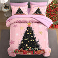 7 Pcs Queen Size Christmas Comforter Set with 2 Pillowcases & 2 Shams, Black Cat Xmas Trees Bedding for Kids and Adults, Pink Snowflakes Bed in a Bag with Flat Fitted Sheet