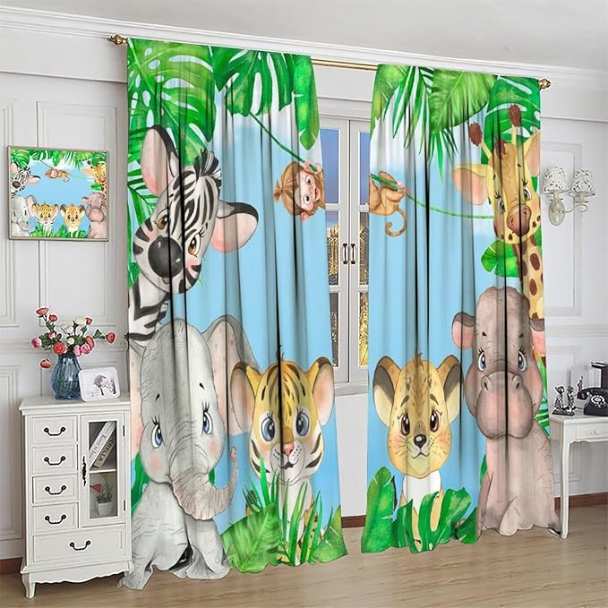 Kids Animals Blackout Curtains Watercolor Cartoon Cute Animals Green Jungle Art Printed for Children Girls Boys Bedroom Nursery Rod Pocket Decoration Window Drapes 2 Panels W21xL45in