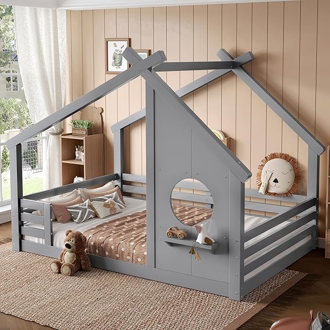 Polibi Full Size Floor Bed with House-Shaped Roof,Window and a Small Shelf, Solid Wood Low Profile Floor Bed for Kids, No Box Spring, Grey