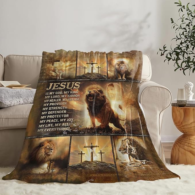 Tijuboni Christian Lion Throw Blanket Religious Gifts for Women Men Girls Boys Kids Adults Soft Flannel Fleece Blanket for Couch Sofa Bed Home Decor 60"x80"