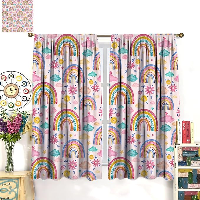 Kids Rainbow Curtains Boho Cartoon Colorful Stars Pink Lovely Rainbow Abstract Art Pattern Print Window Drapes for Bedroom Living Room Kitchen Decor,2 Panel Set,55x63 Inch Blackout