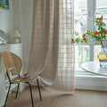 Deeprove Boho Curtains 84 Inches Long for Bedroom, Cotton Linen Light Brown Plaids Embroidery Semi Blackout Bohemian Aesthetic Window Treatment Grids Drape Tassels, 1 Panel W52 x L84 Tan