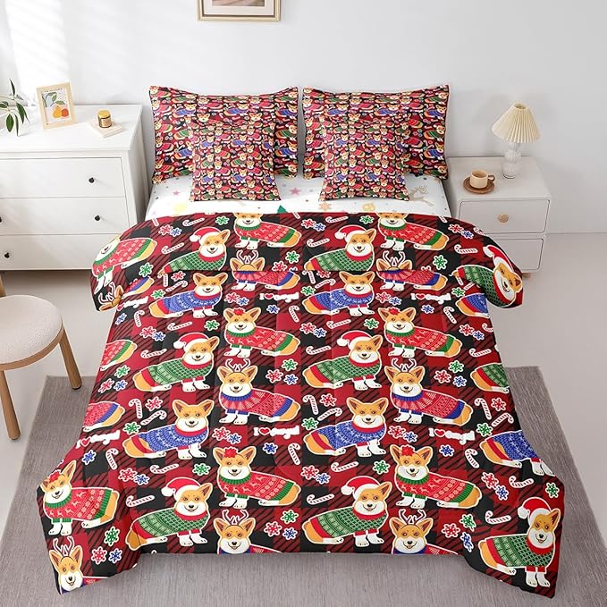 Feelyou Cute Dog Comforter Set with Sheets Cartoon Christmas Bed Set for Kids Boys Girls Merry Christmas Decor Bed in a Bag Red Geometric Lattice Bedding Set Bedroom Collection King Size