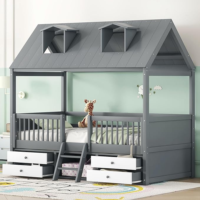 Merax Twin Size House Bed Frame with Full-Length Fence and 4 Storage Drawers, Kids Playhouse Tent Bed with Roof and 2-Step Ladder for Children Boys Girls Teens Bedroom, Solid Wood Slats Support, Gray