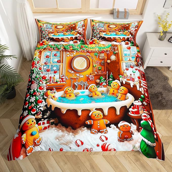 Feelyou Kids Christmas Gingerbread House Duvet Cover,Funny Gingerbread Man Bedding Set Twin Size,Boys Girls Bedroom Room Decor,Merry Christmas Comforter Cover,Xmas Christmas Bedspread Cover