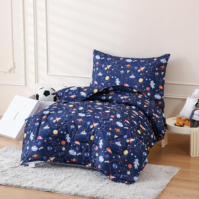 LONAVA Toddler Kids Comforter Set - 4 Pieces Toddler Bedding Sets for Boys Girls Children, Ultra Soft Microfiber Bed in A Bag with Flat Fitted Sheets, Space