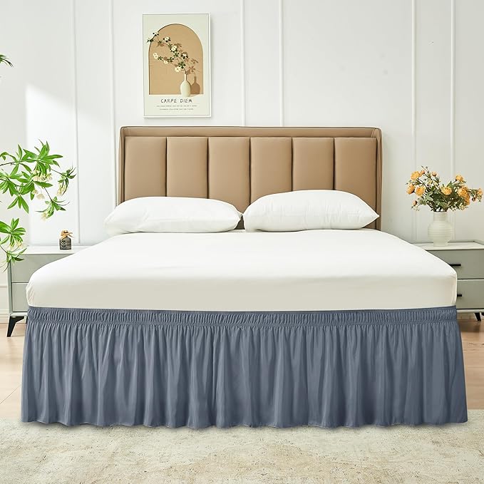 Biscaynebay Wrap Around Bed Skirts for Twin & Twin XL Beds Short Drop of 12", Dark Grey Adjustable Elastic Dust Ruffles Easy Fit Wrinkle Resistant Silky Luxurious Fabric Machine Washable