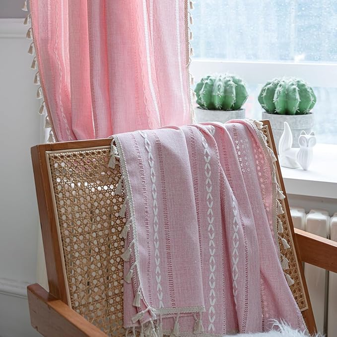 Deeprove Blush Pink Boho Curtains 108 inches Length for Girls Nursery Bedroom, Home Decor Privacy, Bohemian Semi-Blackout Window Treatment Tassel Drape 108 inches Long (1 Panel, W52 x L108)