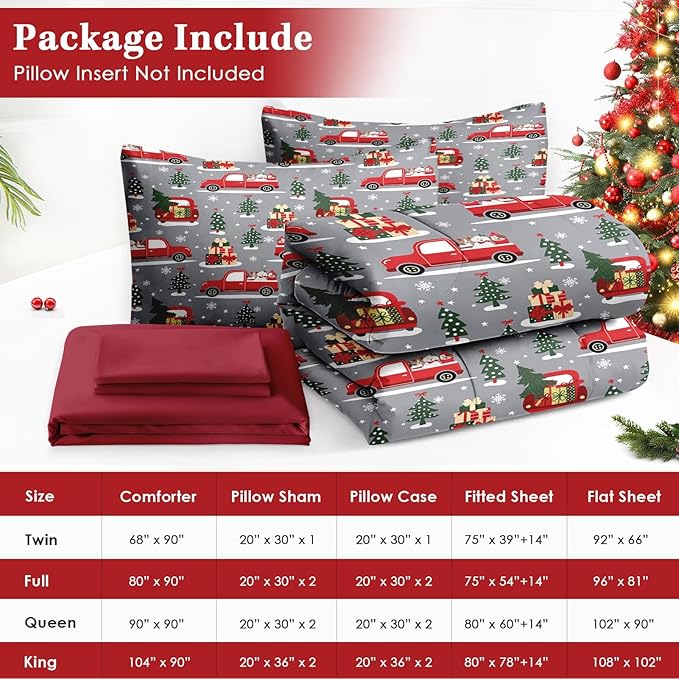 7 Pcs Queen Size Christmas Comforter Set with 2 Pillowcases & 2 Shams, Red Cartoon Truck Bedding for Kids and Adults, Merry Winter Pine Tree Bed in a Bag with Flat Fitted Sheet