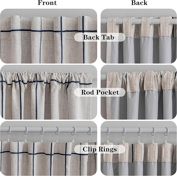 MYSKY HOME 100% Blackout Plaid Farmhouse Linen Curtains 54 Inch Long 2 Panels Set Double Layer Windowpane Drapes Thermal Insulated Privacy Protection Rod Pocket Back Tab, 52" W, Navy Blue