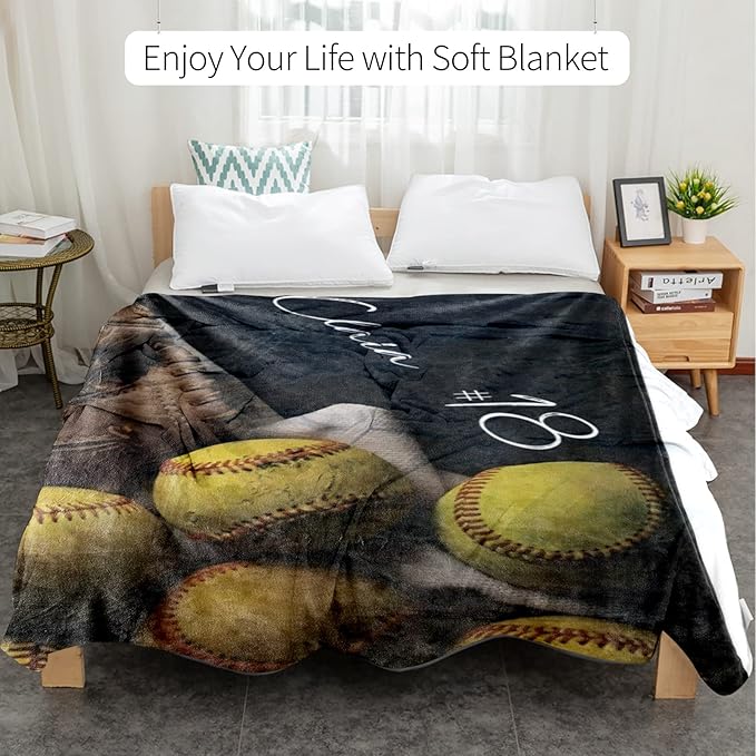 Personalized Baby Softball Bed Blanket: Custom Name and Number Sport Blankets for Toddler Boys Girls Adults Birthday Mothers Fathers Easter (30X40inch)