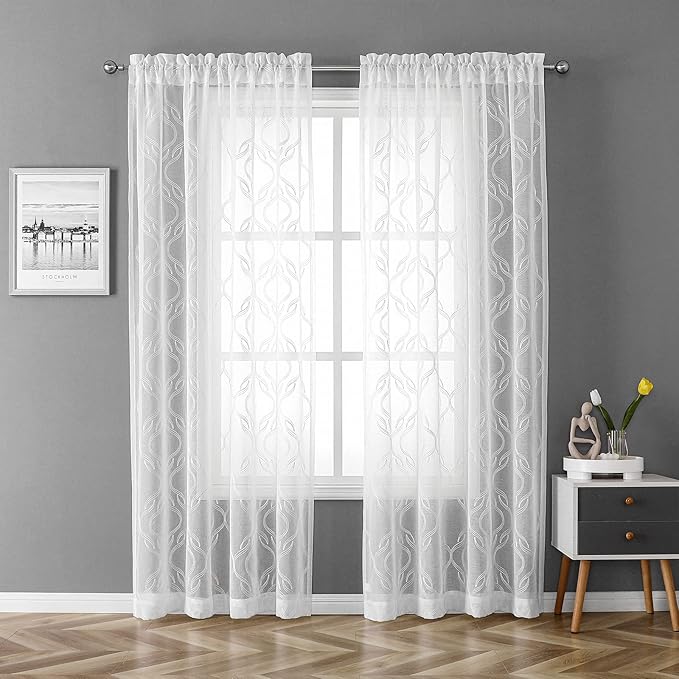 VISIONTEX Sheer Curtains 95 Inches Long 2 Panels Set, White Moroccan Embroidery Texture Geometric Rod Pocket White Voile Tulle Semi Window Treatment Pair for Bedroom, W54 x L95