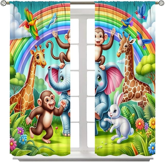 Animals Window Curtain Rod Pocket Kids Boys Girls Forest Giraffe Elephant Monkey Flowers Window Treatment for Baby Children Bedroom Living Room 52" W X 84" L