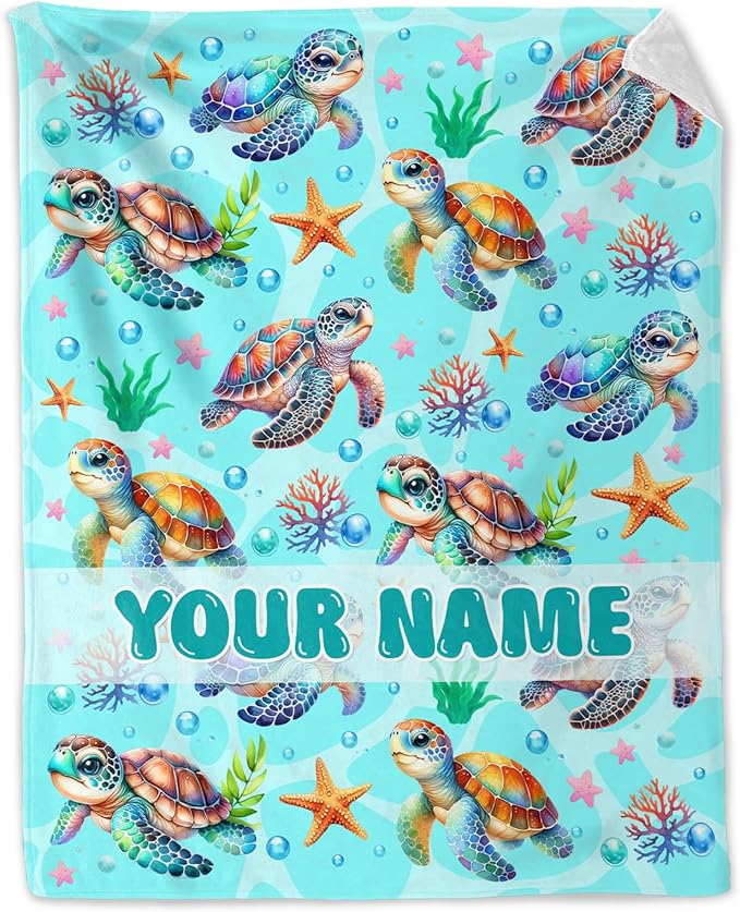 Custom Turtle Stuff for Girls - 30" x 40" Inches Sea Turtle Throw Blanket for Kids - Green Warm Lightweight Blankets for Sofa, Lap & Office