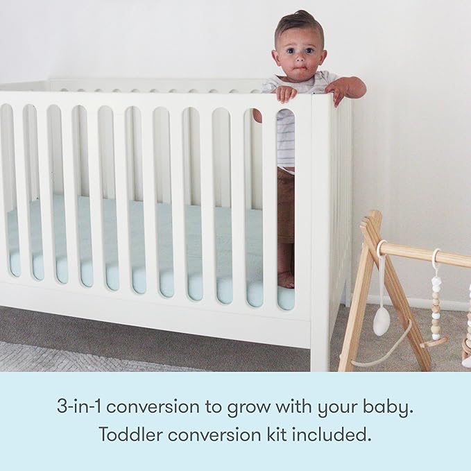 Newton Baby Galileo Standard Crib, Solid Beech Wood in Warm White Color, 3-in-1 Convertible Crib with Toddler Bed Conversion Kit, Ultra-Safe Non-Toxic Finish