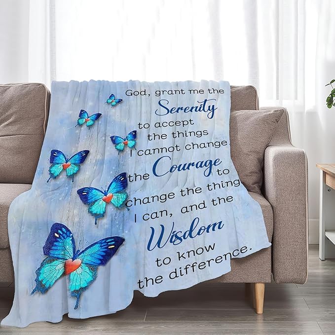 Tijuboni Christian Serenity Prayer Throw Blanket Blue Butterfly Gifts for Women Men Girls Boys Kids Adults Soft Flannel Fleece Blanket for Couch Sofa Bed Home Decor 50"x60"