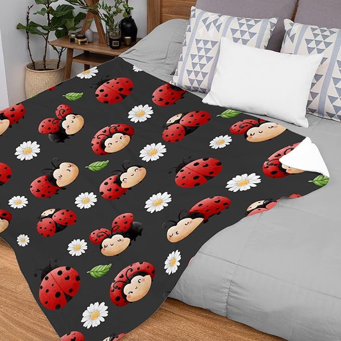 Thuswarm Cute Watercolor Ladybugs Grey Flannel Throw Blanket Warm Cozy Soft Funny Print Blankets for Bed Couch Sofa Room Decoration Gifts 80”×60” Large for Adult
