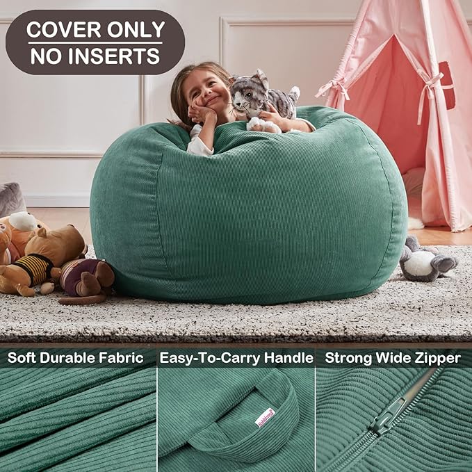 Nobildonna 3 ft Bean Bag Chair Cover (No Filler) 35"×43" Large Stuffed Animal Storage Bean Bag Washable Big Beanbag Chair Cover Premium Corduroy Stuffable Bean Bag Cover for Adults,Kids,Green 300L