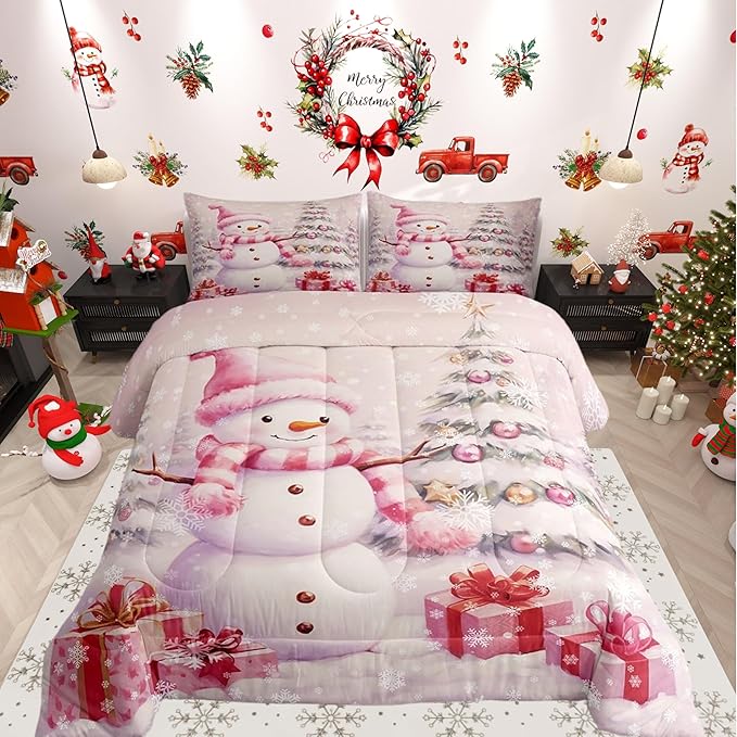 Xmas Tree Gift 3 Pcs Comforter/Duvet Set,Merry Christmas Ultra Soft Bed Collection,Pink Christmas Snowman Bedding for Room Decor 3 Pcs,Microfiber Breathable,King