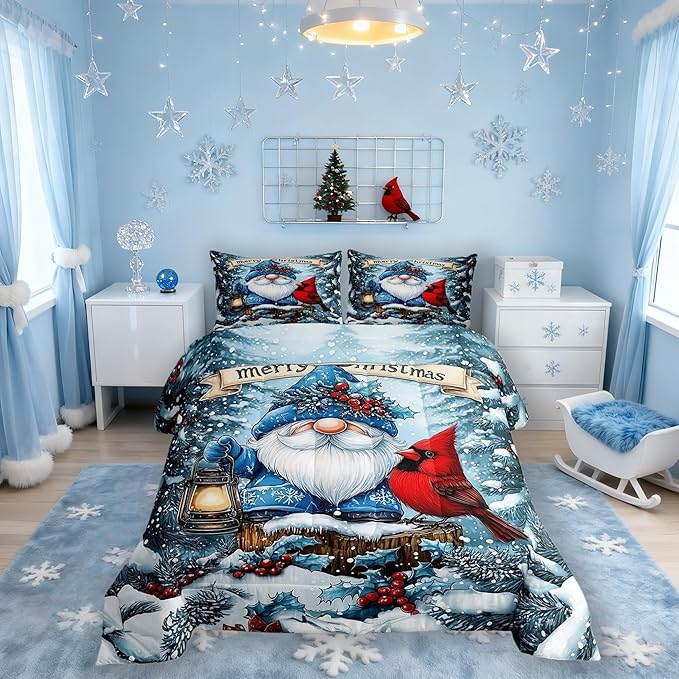 Kawaii Santa Claus Comforter Set Full Size,Poinsettia Cardinal Christmas Birds Kids Bedding Set,Holly Berries Winter Snowflake Quilt Comforter,Blue Red Duvet Insert,2 Pillowcases