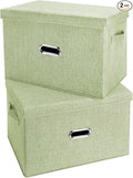 Large Linen Fabric Foldable Storage Bins with Removable Lid and Handles, Washable Storage Box Organizer Containers Baskets Cube with Cover for Bedroom,Office (Green, Extra Large(2-Pack))