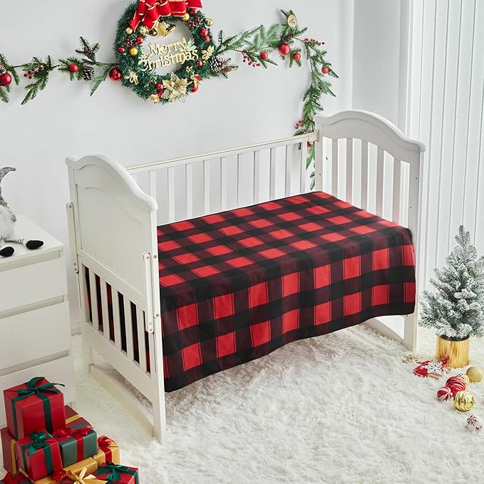Christmas Gray Crib Bedding Set 3 Pieces New Year Style Quilted Plaid Comforter with Fitted Sheet and Bed Skirt - Cute Snowman Tree Deer Red Black Design Baby Crib Bed Set