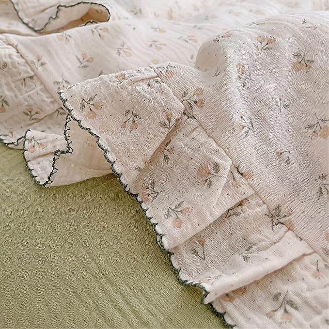 BuLuTu Girls Toddler Duvet Cover 47 x 59 Inch, Soft Muslin Cotton Crib Duvet Covers for Summer Quilt Cover Toddler Baby Bedding Gift, Sprout Print (No Pillow Shams)