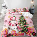 LUVIVIHOME 3PCS Snowman Duvet Cover King Bedding Set, Pink Duvet Cover, Kids Teens Girls Bedding, Christmas Tree Snowflake Holiday New Year Xmas Gifts Christmas Comforter Quilt Cover, 2 Pillow Shams