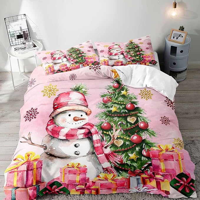 LUVIVIHOME 3PCS Snowman Duvet Cover Full Bedding Set, Pink Duvet Cover, Kids Teens Girls Bedding, Christmas Tree Snowflake Holiday New Year Xmas Gifts Christmas Comforter Quilt Cover, 2 Pillow Shams