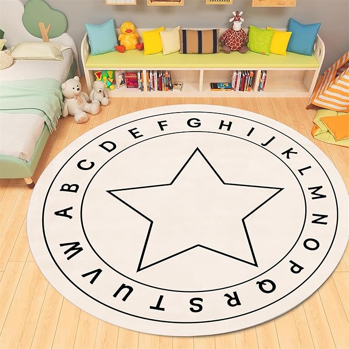 ABC Round Children's Rug,6ft,Children's Educational Learning Area Rug, Cartoon Star Print Soft and Fluffy Rug, Suitable for Nursery, Classroom, Playroom Boys and Girls Bedroom Game Decoration